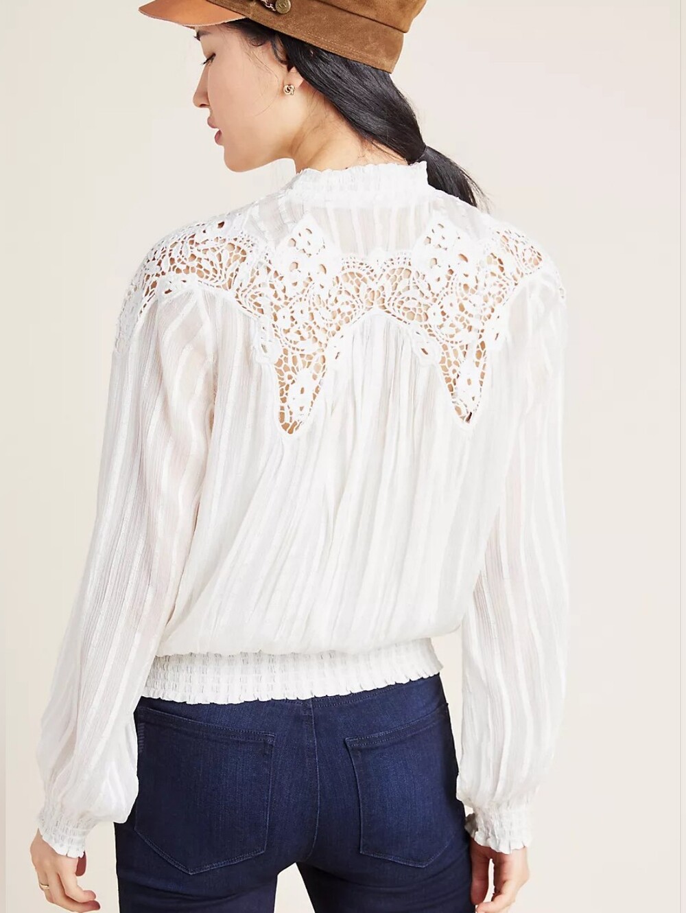 Anthropologie Moira peasant blouse intricate lace smocked cuffs V Neck 0 - Picture 2 of 9